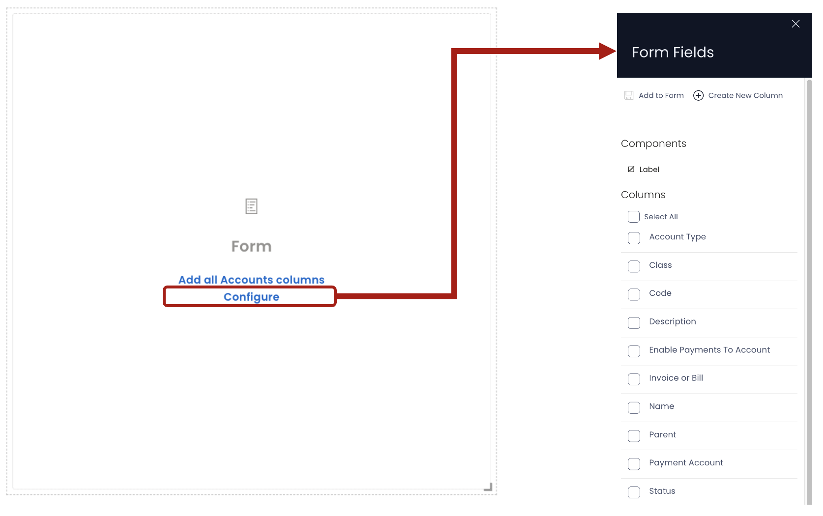Configure a form lets you select fields